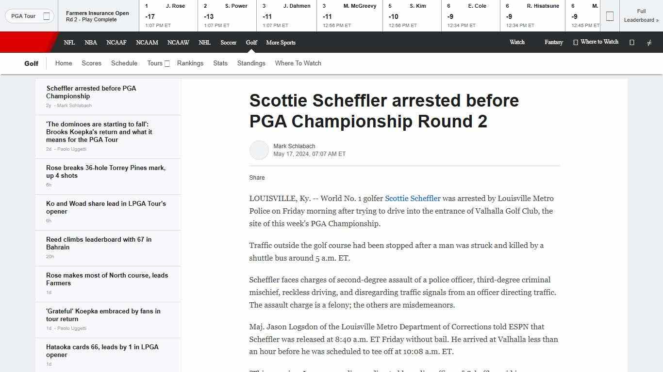 Scottie Scheffler arrested before PGA Championship Round 2 - ESPN
